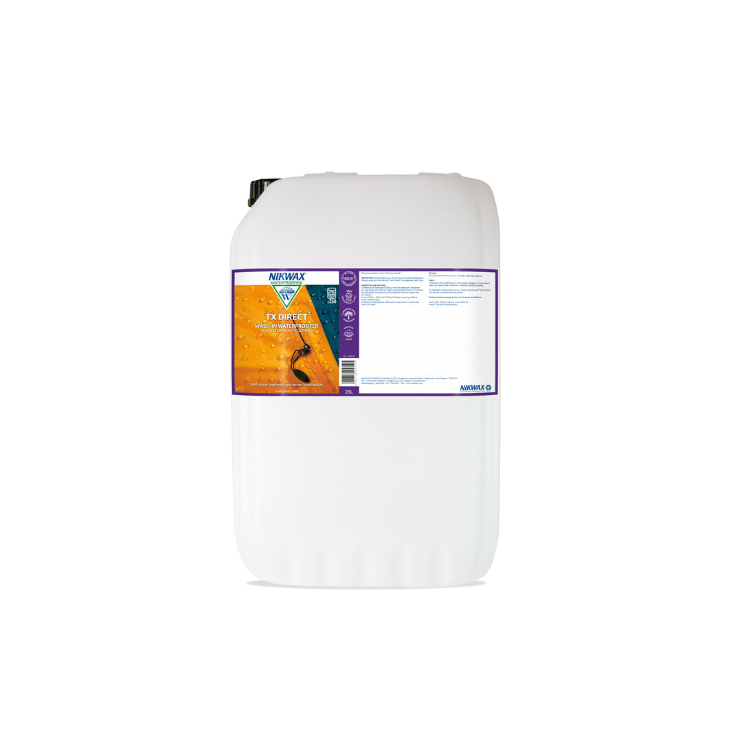 25 litre bottle of Nikwax TX Direct wash in. The bottle is white with purple lid and a label showing a close up of a yellow jacket with water beading on the surface | NW257