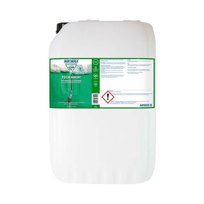 25 litre bottle of NikWax Tech Wash. Bottle is white with a green lid. Label features a close up image of a zippered green jacket with foam at the top of the label | NW187