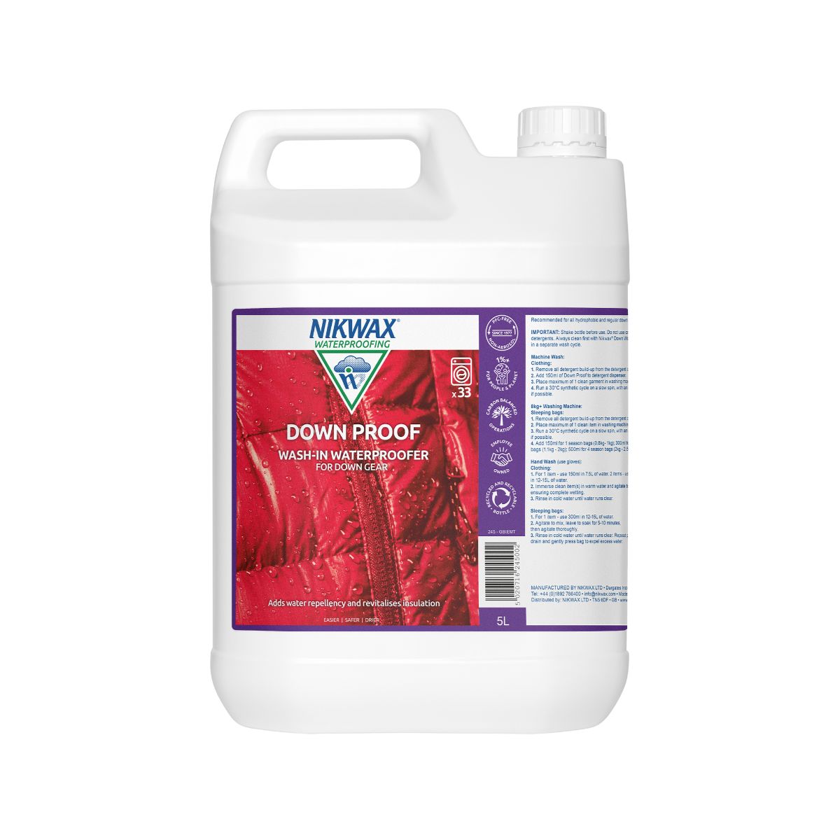 Five litre bottle of Nikwax Down Proof. Bottle is white with purple lid. Label features a close up image of a red jacket with water pooling on the surface | NW245