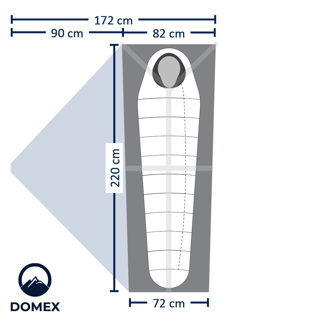 Schematic of Domex Velocity 1 - 3 Season Lightweight Tent - Overall width 172 cm x 220 cm. Footprint: Head = 82 cm, Length = 220 cm, Food = 72 cm