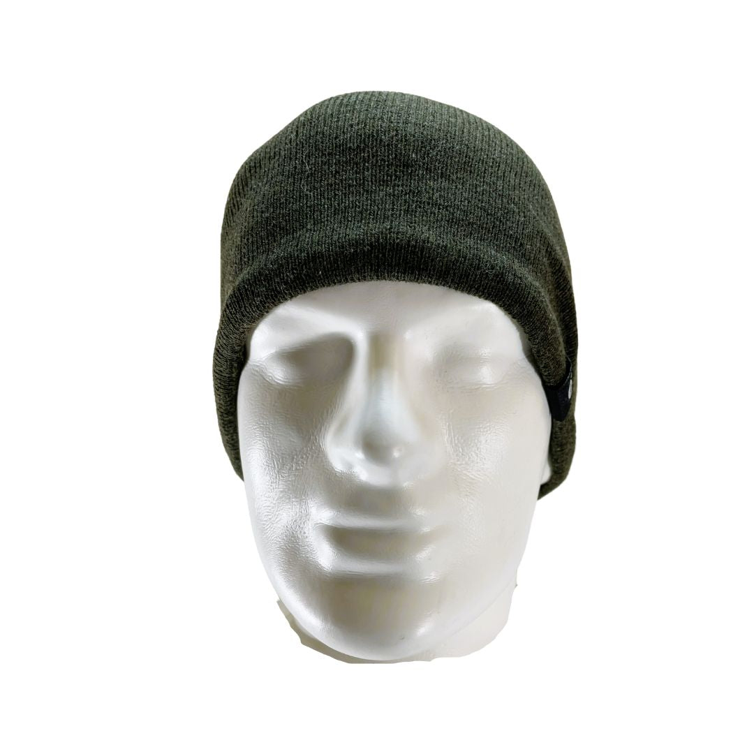 Front view of Domex Forest green fine-knit beanie with plush polar fleece lining for greater comfort and additional warmth.