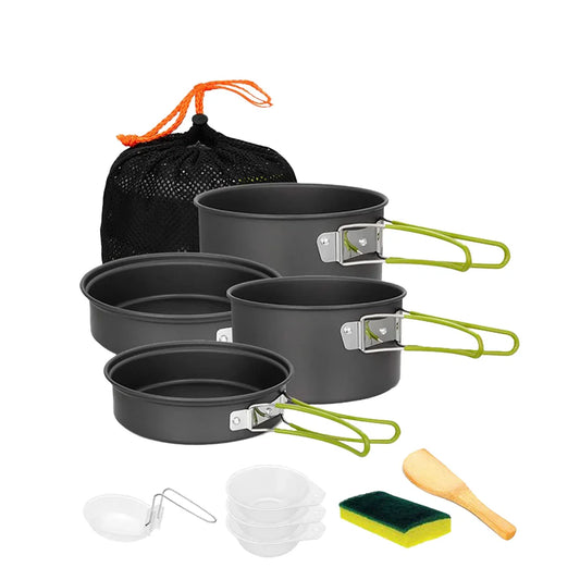 Domex Anodised Camping Cook Set: Medium lid/pan, Medium pot, Large lid/pan, Large pot, 3x small plastic bowls, Plastic ladle, Bamboo spatula, Pot scrubbing sponge | Ships From Melbourne