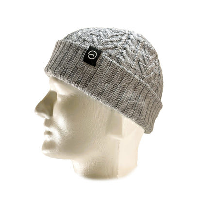 Side view of Domex Light grey merino blend cable-knit cuffed beanie | Ships from Melbourne