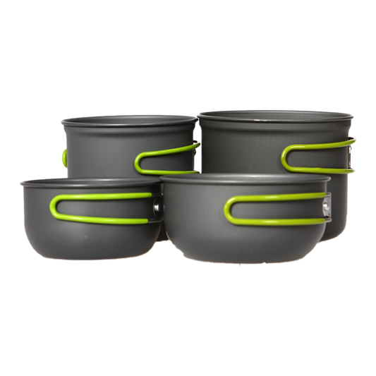 Domex Anodised Billy Set - Back Left: Small Billy, Back Right: Medium Billy. Front left: Small Lid/Saucepan, Front right: Medium Lid/Saucepan | Ships from Melbourne