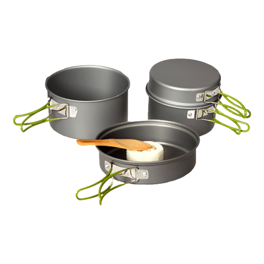 Domex Anodised 4 piece Cook Set: medium and large billy, medium multi-purpose lid and large multi-purpose lid, bamboo spoon, pot scrubber | Ships From Melbourne