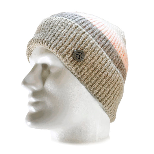 Side view of Domex Soft pink and taupe stripe cuffed beanie with a plush finish and a medallion badge | Ships from Melbourne
