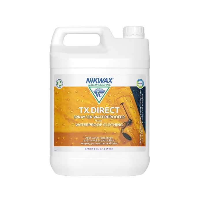 5 litre bottle of Nikwax TX Direct wash in. The bottle is white with white lid and a label showing a close up of a yellow jacket with water beading on the surface | NW255