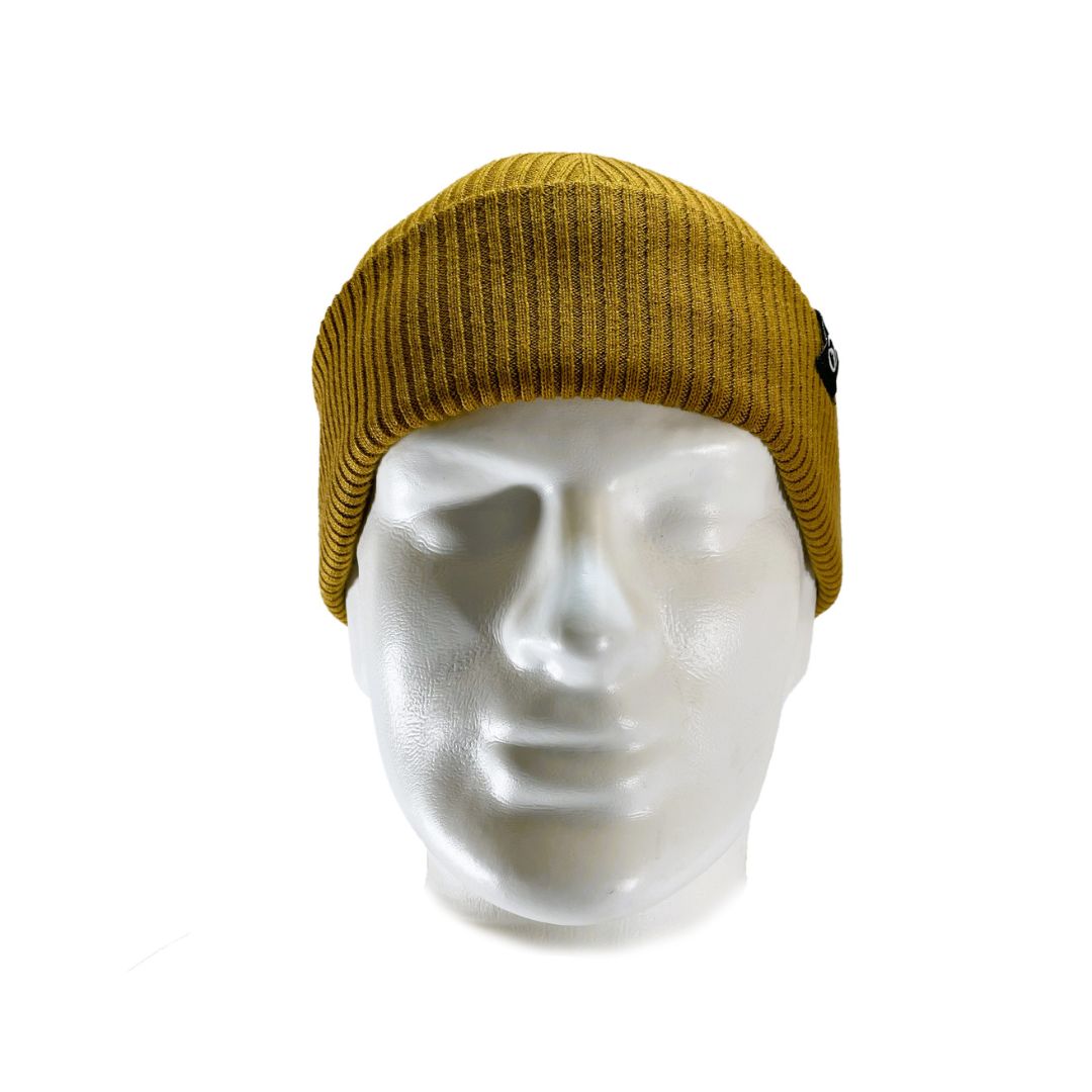 From view of Domex wool-rich blend fine rib-knit Fisherman's beanie with cuffed hem - Mustard | DOMB1045