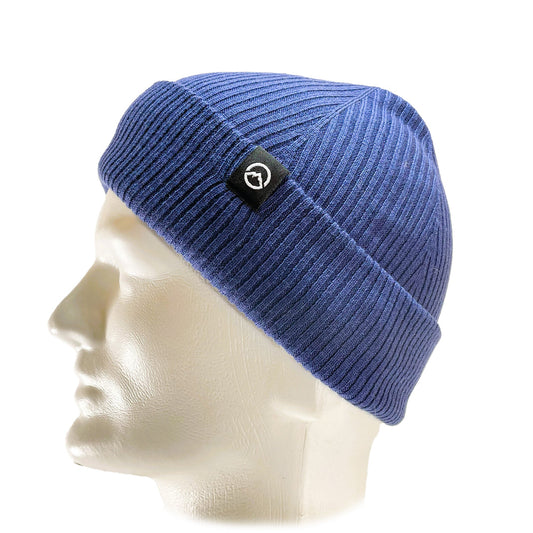 Side view of Domex wool-rich blend fine rib-knit Fisherman's beanie with cuffed hem - Polar Blue. Ships from Melbourne | DOMB1050