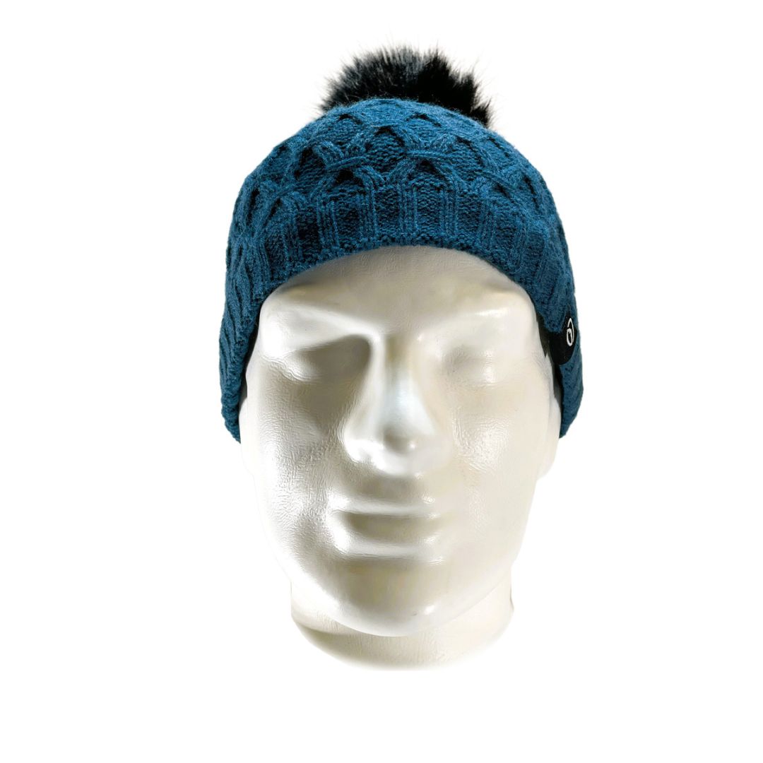 Front view of Domex Honeycomb-knit cuffless beanie with fluffy faux fur accent pom pom - teal | DOMB1060