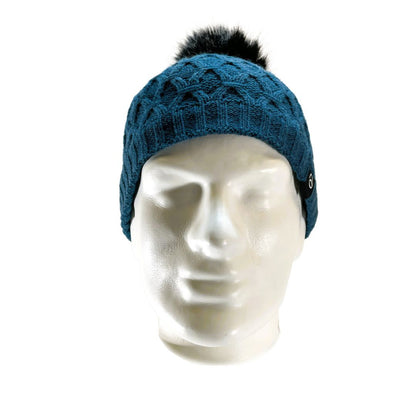 Front view of Domex Honeycomb-knit cuffless beanie with fluffy faux fur accent pom pom - teal | DOMB1060