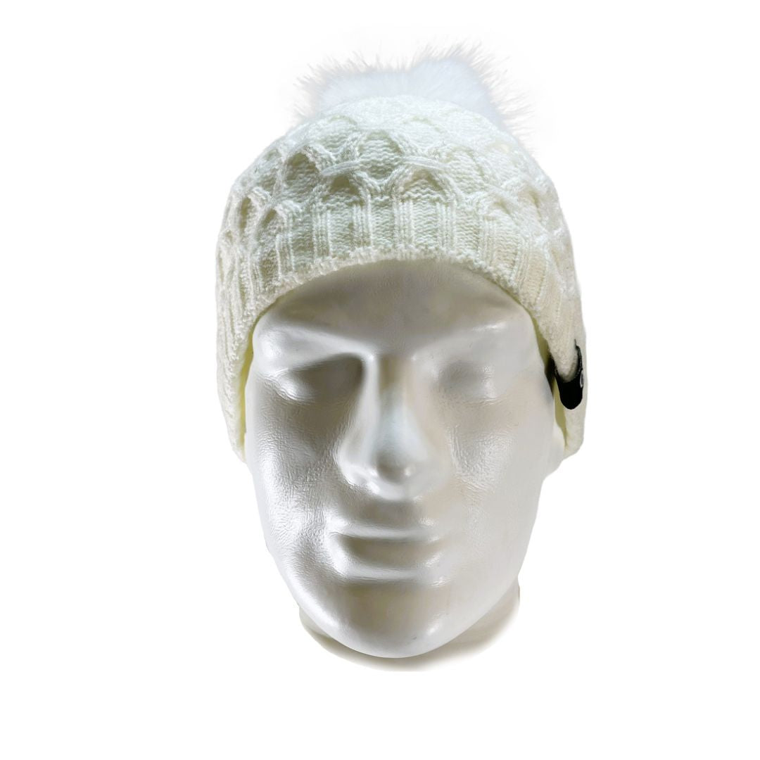 Side view of Domex Honeycomb-knit cuffless beanie with fluffy faux fur accent pom pom - white | DOMB1065