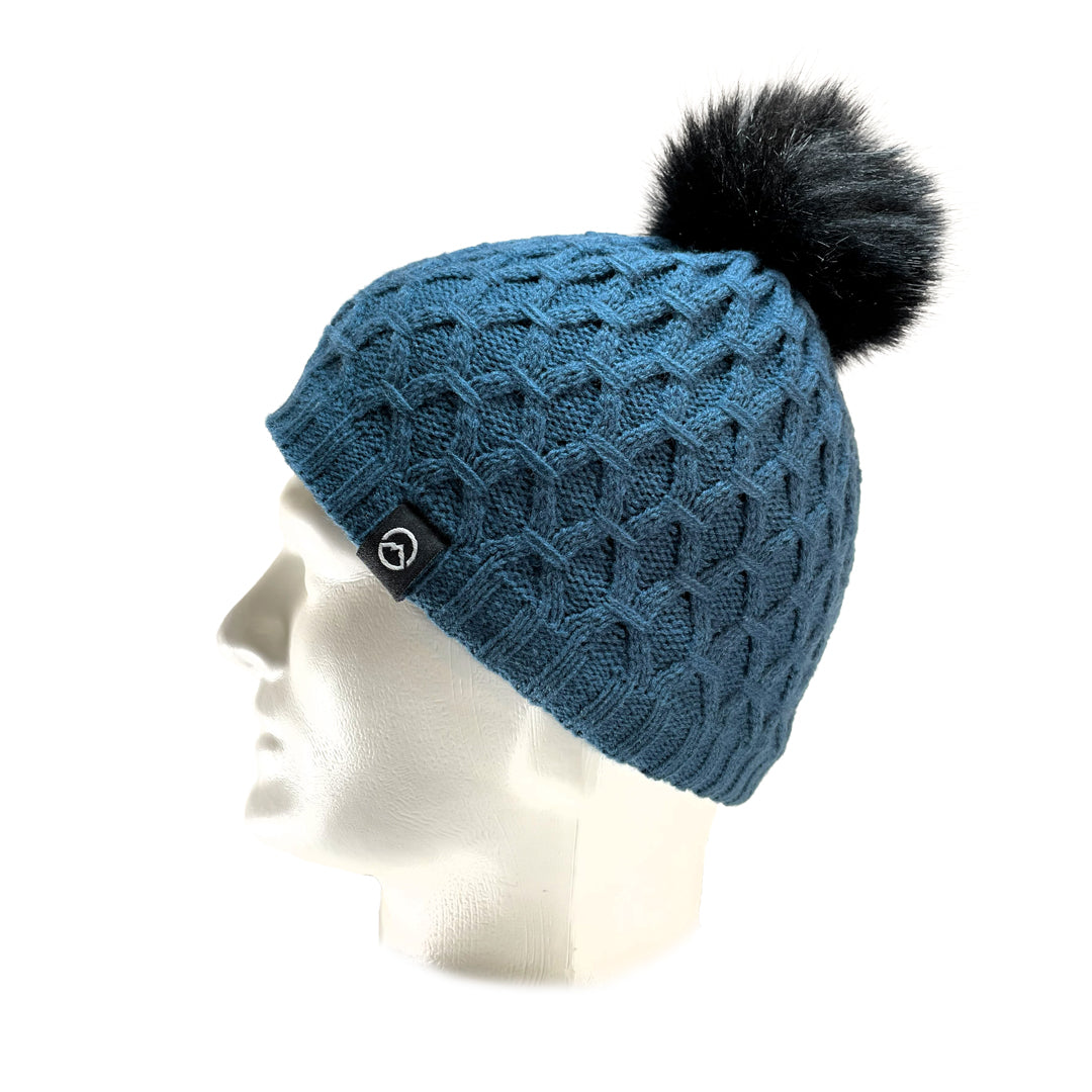 Side view of Domex Honeycomb-knit cuffless beanie with fluffy faux fur accent pom pom - teal. Ships from Melbourne | DOMB1060