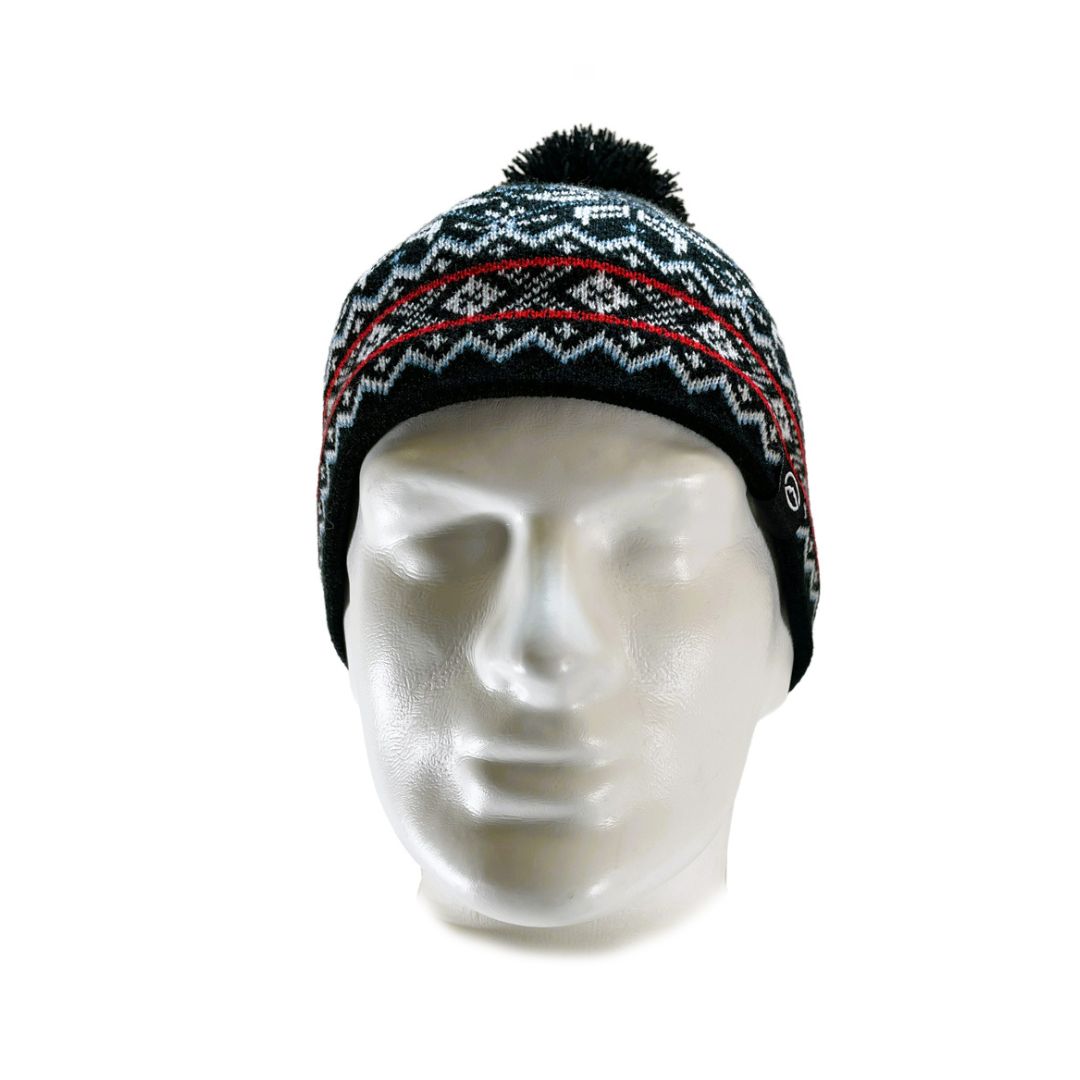 Front view of Domex snowflake design cuffless knit beanie with black woollen pom pom | Ships