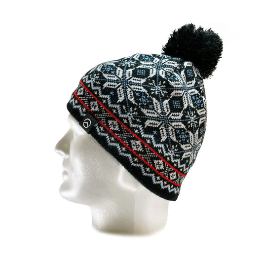 Side view of Domex snowflake design cuffless knit beanie with black woollen pom pom | Ships from Melbourne