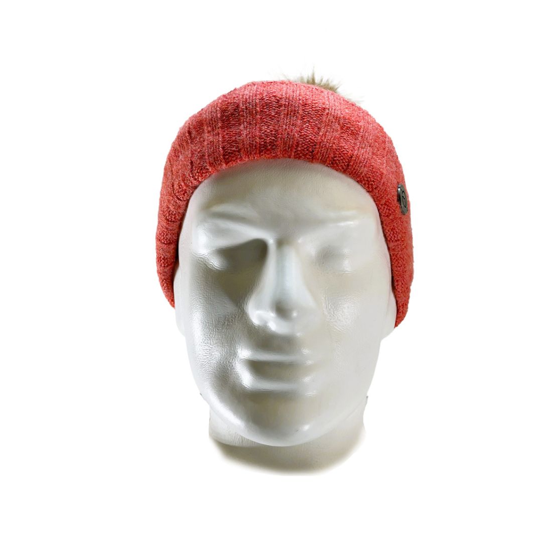 Front view of Domex Pink thick rib-knit cuffed beanie with fluffy faux-fur accent pom pom