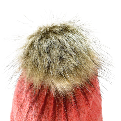 Close up of faux fur pom pom on Domex Pink thick rib-knit cuffed beanie 