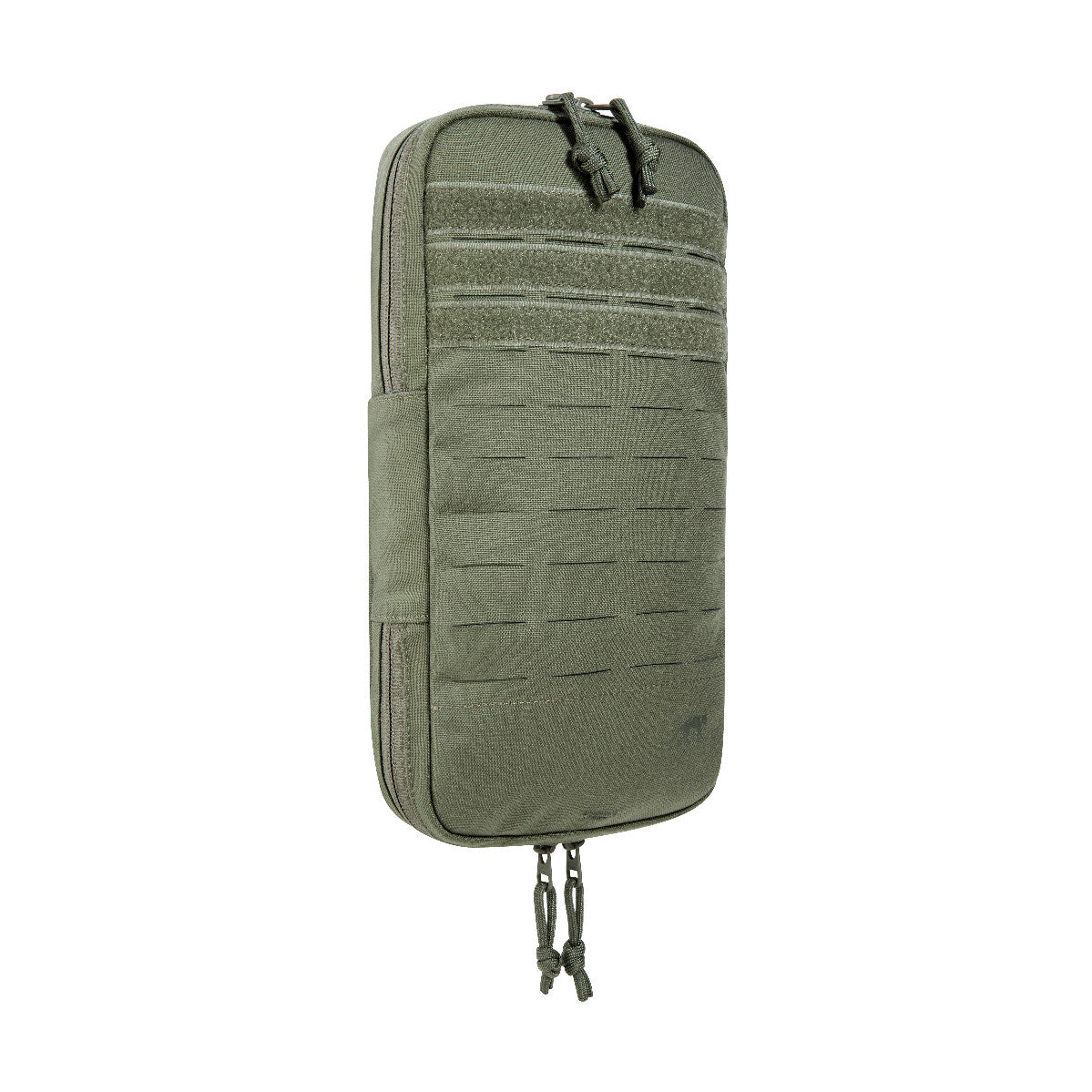 Three quarter front view of Tasmanian Tiger Bladder Pouch Extended MKII with zipper at bottom. Full-length laser-cut MOLLE system - Olive