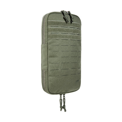 Three quarter front view of Tasmanian Tiger Bladder Pouch Extended MKII with zipper at bottom. Full-length laser-cut MOLLE system - Olive
