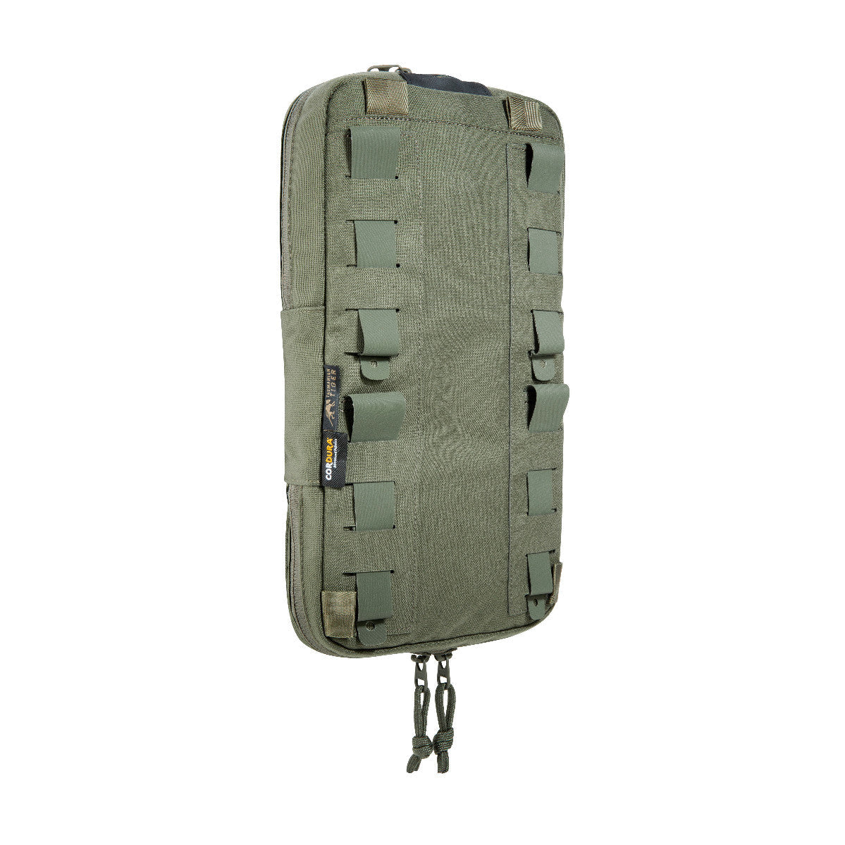 Three quarter back view of Tasmanian Tiger Bladder Pouch Extended MKII with zipper at bottom and loop system - Olive