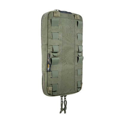 Three quarter back view of Tasmanian Tiger Bladder Pouch Extended MKII with zipper at bottom and loop system - Olive