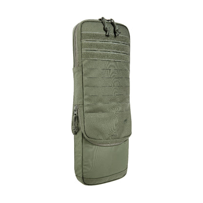 Three quarter front view of Tasmanian Tiger Bladder Pouch Extended MKII with zipper at bottom. Full-length laser-cut MOLLE system and opened out to allow for 3L bladder - Olive