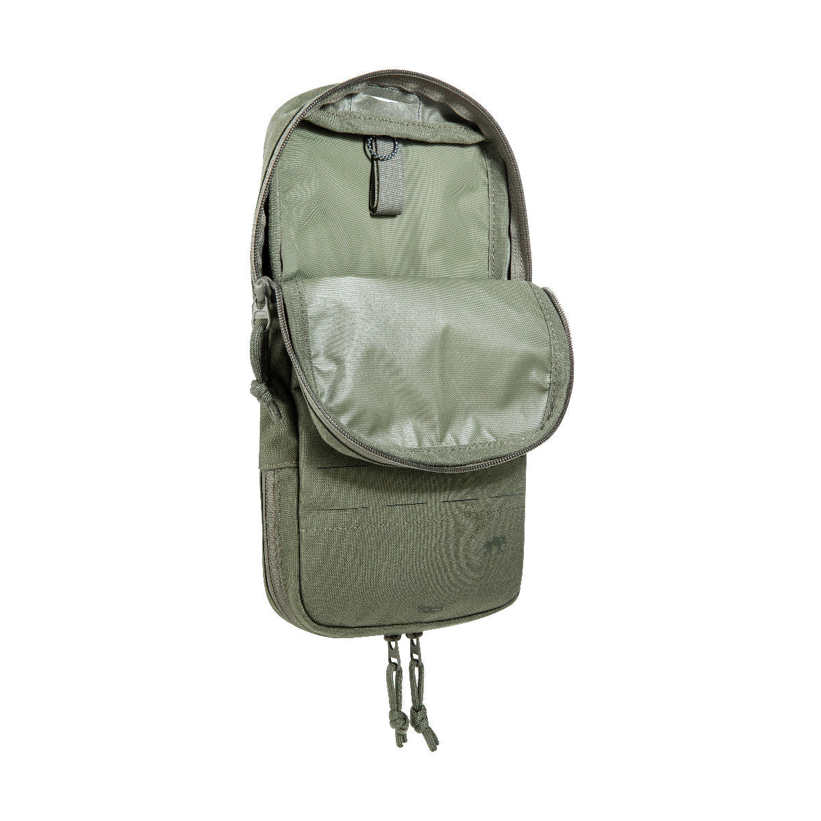 Three quarter front view of Tasmanian Tiger Bladder Pouch Extended MKII with zipper at bottom. Shown with top unzipped - Olive