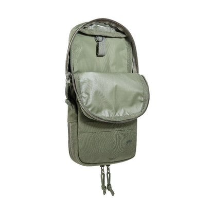 Three quarter front view of Tasmanian Tiger Bladder Pouch Extended MKII with zipper at bottom. Shown with top unzipped - Olive