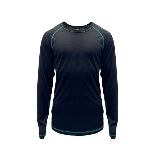 Front view of Domex Unisex Thermalayer Long Sleeve, Crew Neck Top - Black with contrast stitching in green. Ships from Melbourne | DOMALS1000, DOMALS1001, DOMALS1002, DOMALS1003, DOMALS1004, DOMALS1005, DOMALS1006, DOMALS1007, DOMALS1008, DOMALS1009