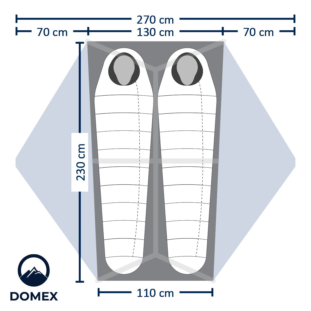 Schematic of  Domex Velocity 2 - 3 season Lightweight Tent - Overall width 270 cm x 230 cm. Footprint: Head = 130 cm, Length = 230 cm, Food = 110 cm