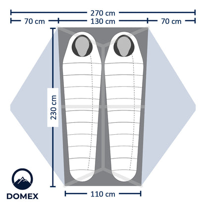 Schematic of  Domex Velocity 2 - 3 season Lightweight Tent - Overall width 270 cm x 230 cm. Footprint: Head = 130 cm, Length = 230 cm, Food = 110 cm
