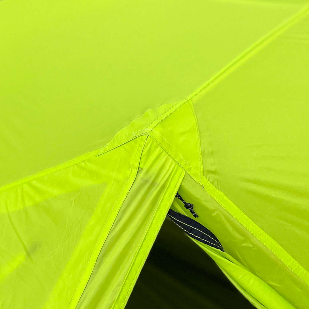 Close up of top of fly opening on Domex Velocity 1 - 3 Season Lightweight Tent - Neon Yellow 