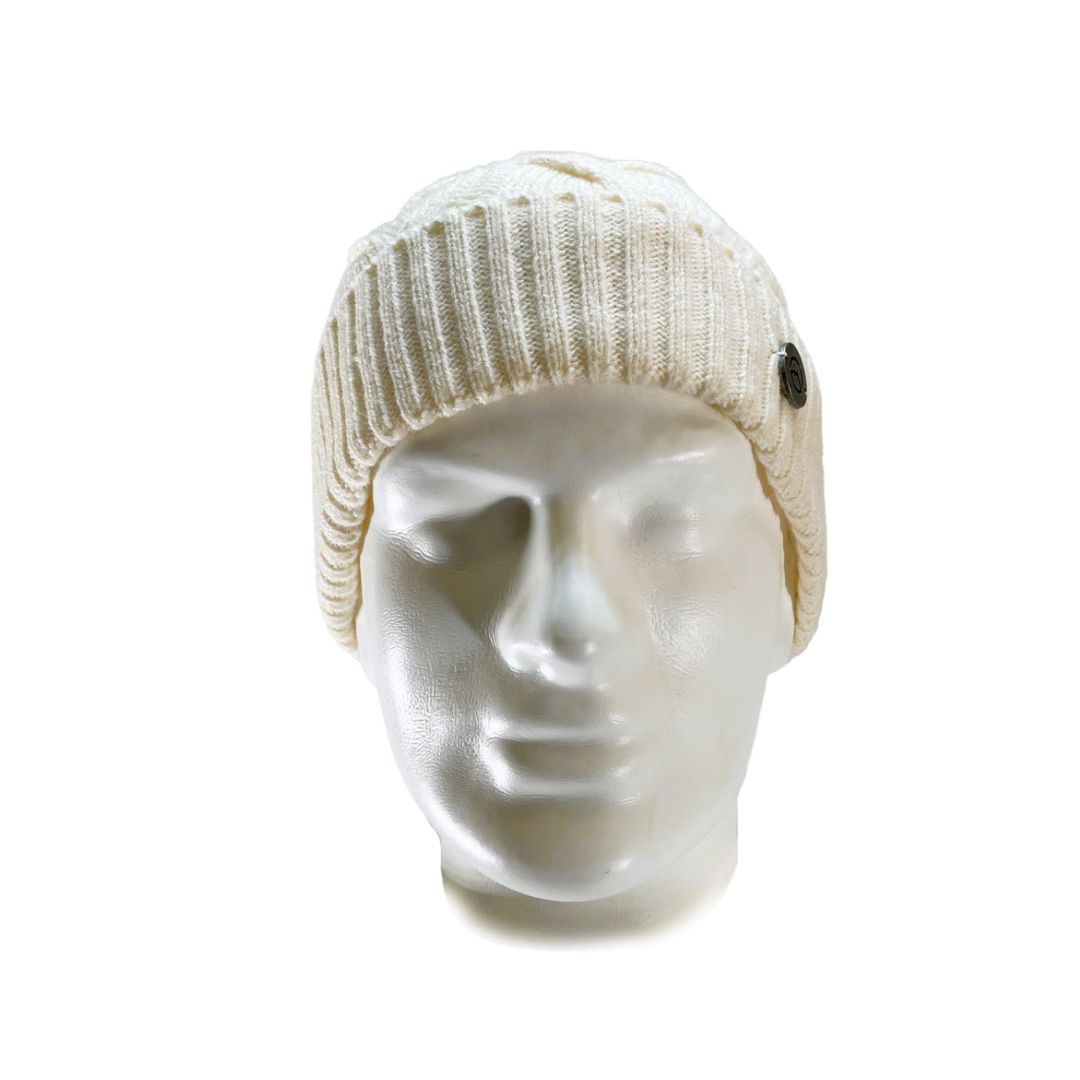 Front View of Domex White thick cable knit cuffed beanie 