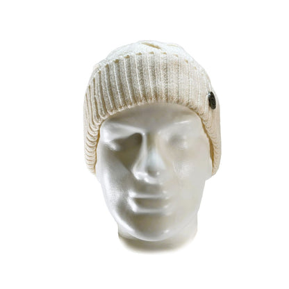 Front View of Domex White thick cable knit cuffed beanie 