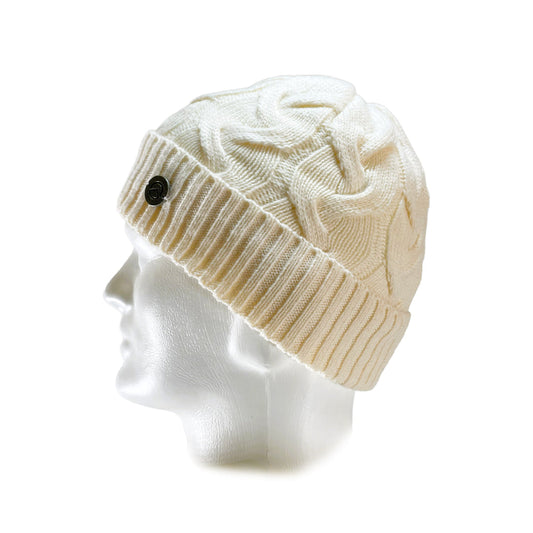 Side View of Domex White thick cable knit cuffed beanie | Ships from Melbourne