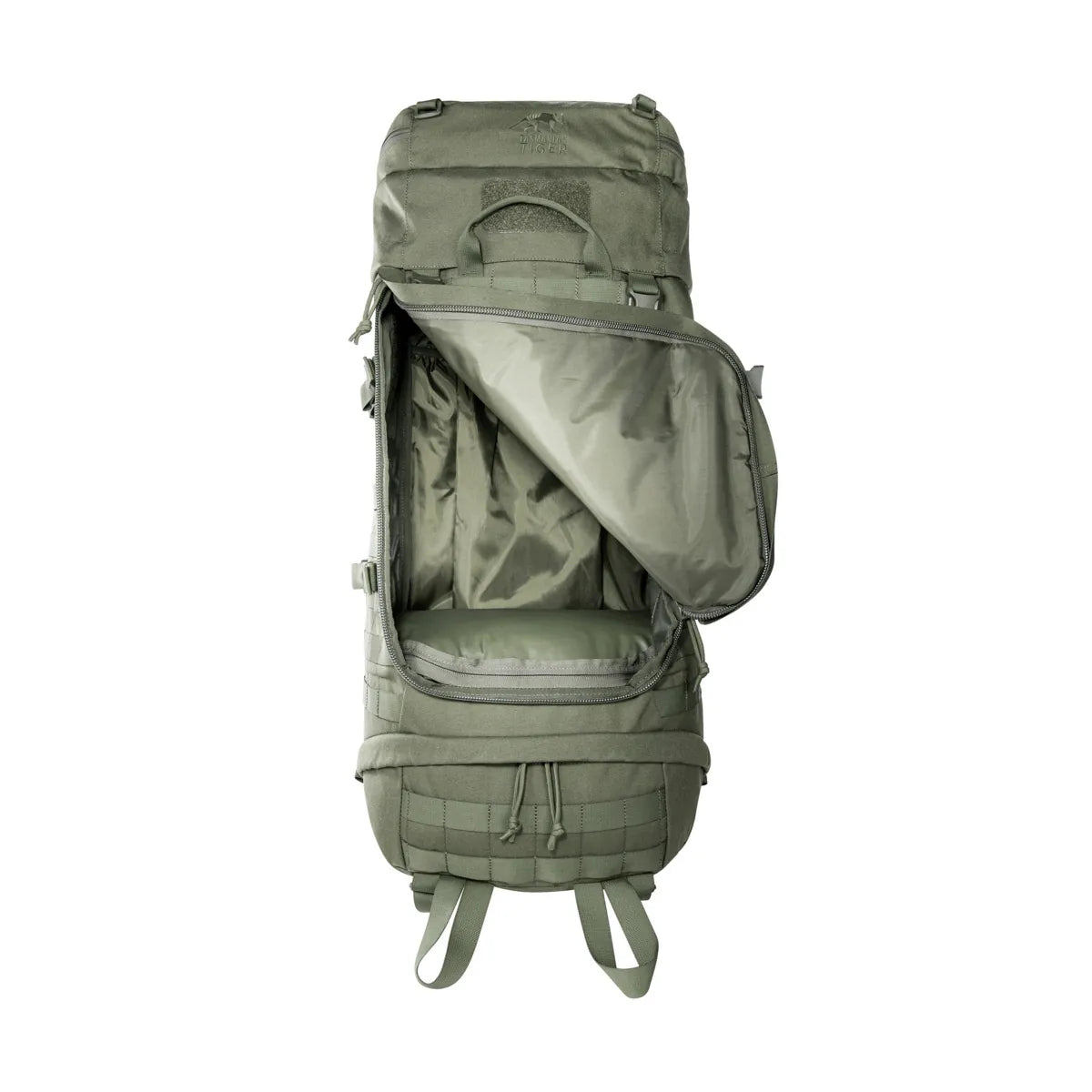 Front opening unzipped on the Tasmanian Tiger Base Pack 60 FO in olive | TT8846.331