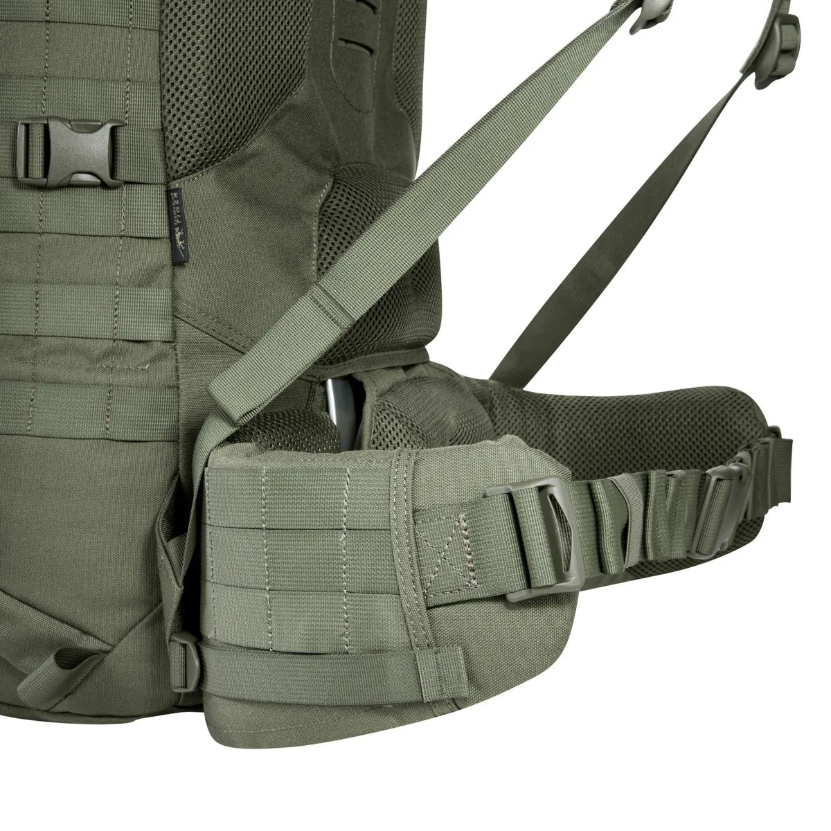 Close-up of the hip belt on the Tasmanian Tiger Base Pack 60 FO in olive | TT8846.331