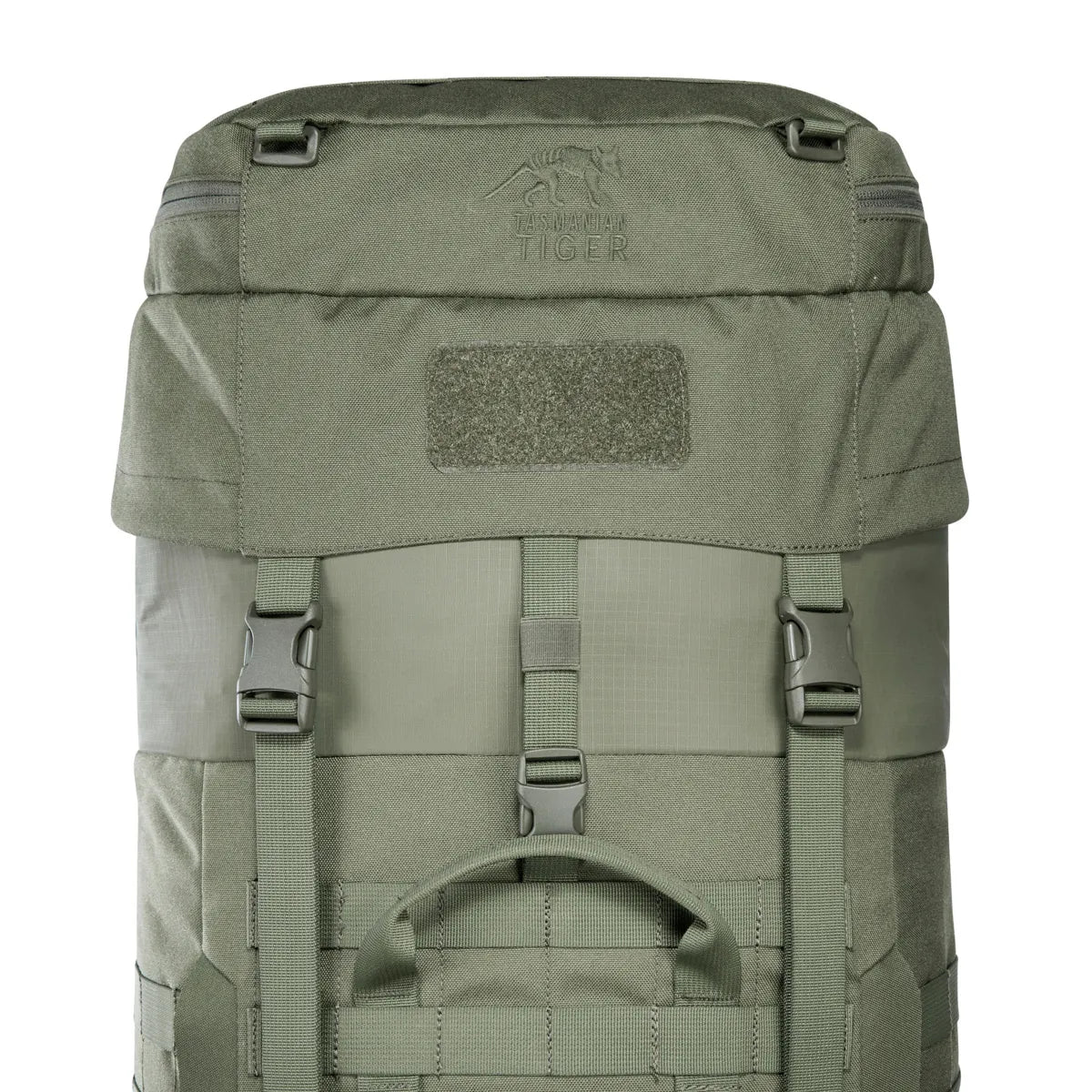 Close-up of the lid logo on the Tasmanian Tiger Base Pack 60 FO in olive | TT8846.331