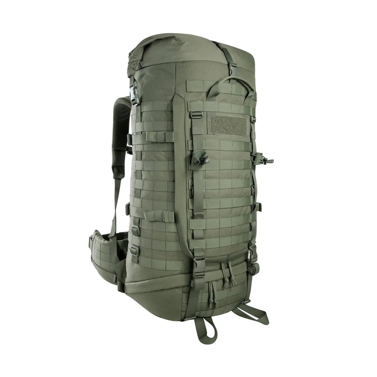 Front three-quarter view of the Tasmanian Tiger Base Pack 60 FO in olive with the lid removed | TT8846.331