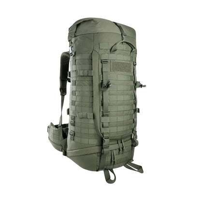 Front three-quarter view of the Tasmanian Tiger Base Pack 60 FO in olive with the lid removed | TT8846.331