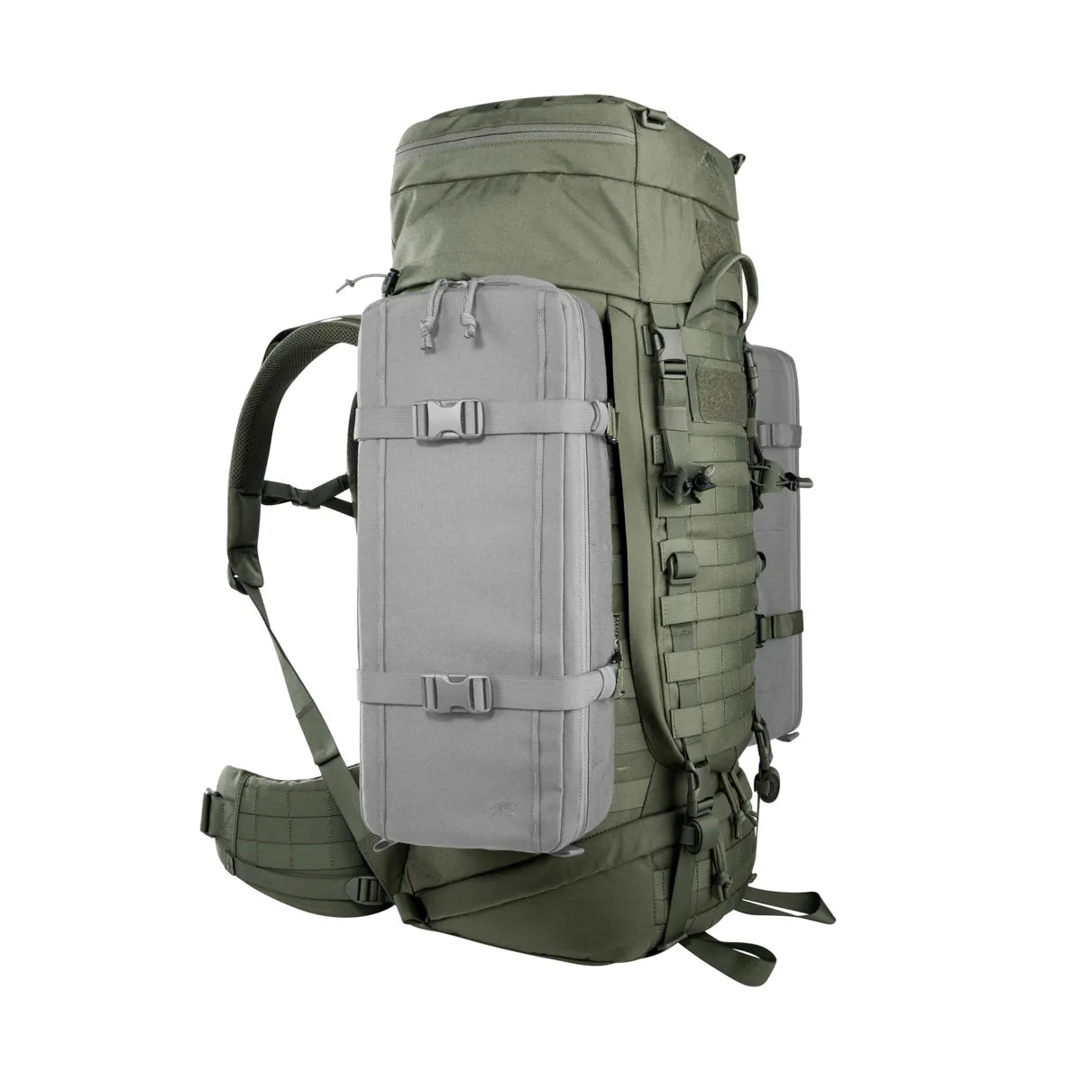 Side view of the Tasmanian Tiger Base Pack 60 FO in olive with side pouches fitted | TT8846.331