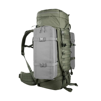 Side view of the Tasmanian Tiger Base Pack 60 FO in olive with side pouches fitted | TT8846.331