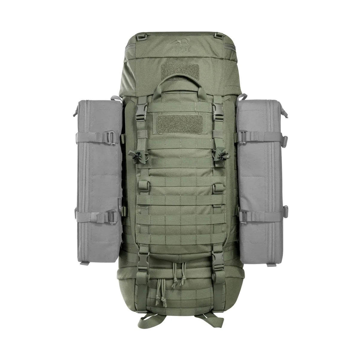Front view of the Tasmanian Tiger Base Pack 60 FO in olive with side pouches fitted | TT8846.331