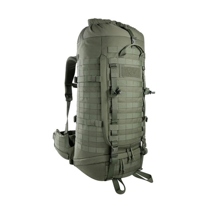 Front view of the Tasmanian Tiger Base Pack 60 FO in olive with the snow guard extended | TT8846.331